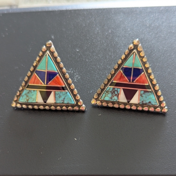 Vintage Native American Zuni Multistone Earrings - Picture 3 of 9